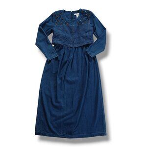 Vintage Women's Denim Maxi Dress Poems By Esteem Embroidered Prairie Size 10